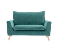 Canapé scandinave 2 places en tissu effet velours bleu canard et bois clair JONAS