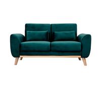 Canapé 2 places en tissu velours bleu pétrole et bois clair ektor