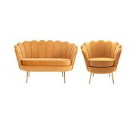 Canapé 2 places et fauteuil coquillage en velours jaune moutarde DANDELION