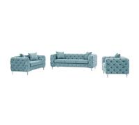 Canapé 3 places, 2 places et fauteuil chesterfield en velours bleu pastel EDWINA