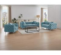 Canapé 3 places, 2 places et fauteuil chesterfield en velours bleu pastel EDWINA