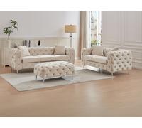 Canapé 3 places, 2 places et pouf chesterfield en velours beige EDWINA