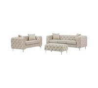 Vente-unique - Canapé 3 Places, 2 Places et Pouf Chesterfield en Velours Beige Edwina