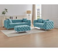 Canapé 3 places, 2 places et pouf chesterfield en velours bleu pastel EDWINA