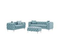 Canapé 3 places, 2 places et pouf chesterfield en velours bleu pastel EDWINA