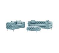 Canapé 3 places, 2 places et pouf chesterfield en velours bleu pastel EDWINA