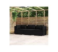vidaXL Canapé 3 places avec coussins noir Poly rotin