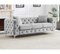 Canapé 3 places chesterfield en velours gris clair EDWINA