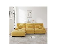 Canapé 3 places d'angle, avec pouf, structure en bois massif et revêtement en chenille, 313x145x81cm, Jaune