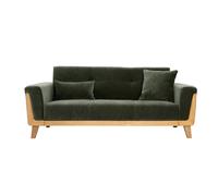 Canapé scandinave 3 places en tissu effet velours vert kaki et bois clair FJORD