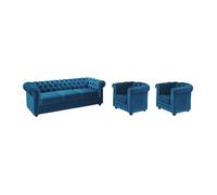Canapé 3 places et 2 fauteuils CHESTERFIELD - Velours bleu canard