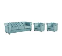 Canapé 3 places et 2 fauteuils CHESTERFIELD - Velours bleu pastel
