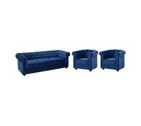 Canapé 3 places et 2 fauteuils CHESTERFIELD - Velours bleu roi