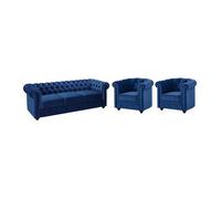 Canapé 3 places et 2 fauteuils CHESTERFIELD - Velours bleu roi