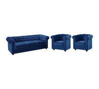 Canapé 3 places et 2 fauteuils CHESTERFIELD - Velours bleu roi