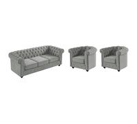 Vente-unique - Canapé 3 Places et 2 fauteuils Chesterfield - Velours Gris Clair