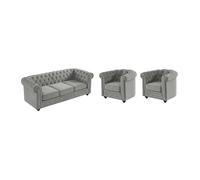 Vente-unique - Canapé 3 Places et 2 fauteuils Chesterfield - Velours Gris Clair