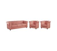Canapé 3 places et 2 fauteuils CHESTERFIELD - Velours rose pastel