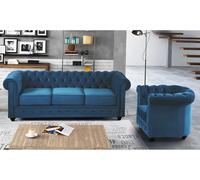 Vente-unique - Canapé 3 Places et Fauteuil Chesterfield - Velours Bleu Canard