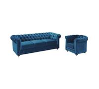 Vente-unique - Canapé 3 Places et Fauteuil Chesterfield - Velours Bleu Canard