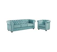 Canapé 3 places et fauteuil CHESTERFIELD - Velours bleu pastel