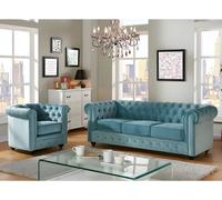 Canapé 3 places et fauteuil CHESTERFIELD - Velours bleu pastel