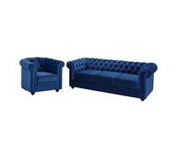 Canapé 3 places et fauteuil CHESTERFIELD - Velours bleu roi