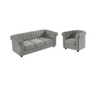 Canapé 3 places et fauteuil CHESTERFIELD - Velours gris clair