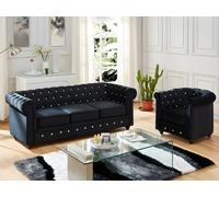 Vente-unique - Canapé 3 Places et Fauteuil Chesterfield - Velours Noir et Boutons Effet Cristal