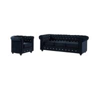 Vente-unique - Canapé 3 Places et Fauteuil Chesterfield - Velours Noir et Boutons Effet Cristal