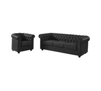 Canapé 3 places et fauteuil en cuir de buffle CHESTERFIELD - Noir