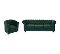 Canapé 3 places et fauteuil en velours vert CHESTERFIELD