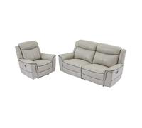 Canapé 3 places et fauteuil relax électrique en cuir gris clair ADELIO