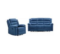 Canapé 3 places et fauteuil relax électrique en tissu bleu BUROLO