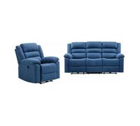 Canapé 3 places et fauteuil relax électrique en tissu bleu BUROLO