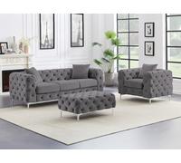 Canapé 3 places, fauteuil et pouf chesterfield en velours anthracite EDWINA