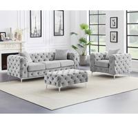 Canapé 3 places, fauteuil et pouf chesterfield en velours gris clair EDWINA