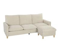 HOMCOM Canapé 3 places avec pouf de rangement, canapé d'angle modulable 210 cm moderne, assise large rembourrée, coussins à ressorts, tissu aspect lin, pieds en bois d'hévéa, pour salon chambre, crème