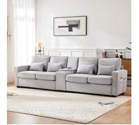 Canapé 4 places moderne en Lin avec console, 2 porte-boissons 2 ports USB poches accoudoirs et 4 coussins, Gris