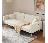 Canapé à bouclettes droit 2 places rose angle réglable pieds dorés coussins et poches de rangement tissu Sherpa Blanc