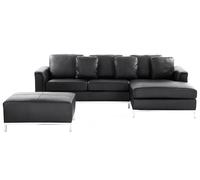 Canapé Angle à Gauche en Cuir Véritable Noir et Pouf Ottoman Housses Amovibles O