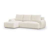 Canapé d'angle gauche convertible 4/5 places MILO - Tissu bouclette beige clair - Coffre de rangement - L 264 x H 84 x P 99/145 cm
