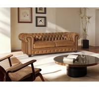 Canapé chesterfield 3 places BRENTON 100% cuir de buffle premium - Caramel vintage