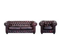 Canapé chesterfield 3 places et un fauteuil BRENTON 100% cuir de buffle - Bordeaux