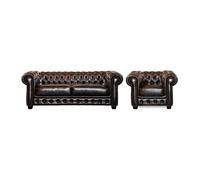 Vente-unique - Canapé Chesterfield 3 Places et Un Fauteuil Brenton 100% Cuir de Buffle - Marron Reflets châtains