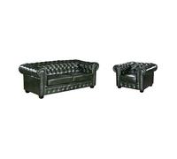 Canapé chesterfield 3 places et un fauteuil BRENTON 100% cuir de buffle - Vert empire