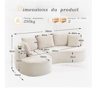 Canapé compressé arrondi 3 places 250x152x82 cm en corduroy beige avec porte-gobelet poche latérale VEVXYN