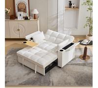 Canapé convertible 2 places beige 3 en 1, lit compact avec port USB, dossier inclinable, table cachée, 140x74x82cm
