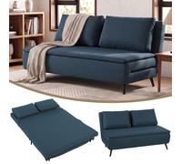 HOMCOM Canapé Convertible 2 Places, 135 x 188 cm, Canapé-Lit Clic-Clac 3 en 1 avec Dossier Réglable, Oreillers, Assise Large, Ressorts en S, Rembourré en Lin, pour Invités, Salon, Bureau, Bleu