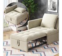 Canapé convertible 3 en 1, dimensions 177 x 64,5 x 65 cm, dossier réglable en 5 positions, convertible en canapé, fauteuil relax et lit simple, avec coussins, tissu en lin, couleur beige